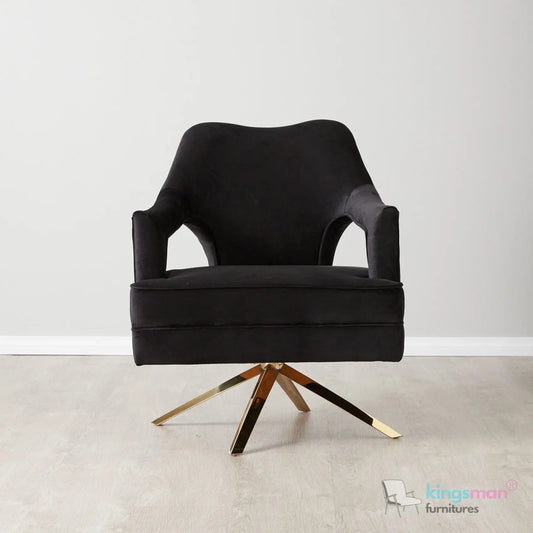 Burten Black Velvet Swivel Armchair – Modern Luxury with PVD Gold Base and 360° Rotation Kingsman Furnitures