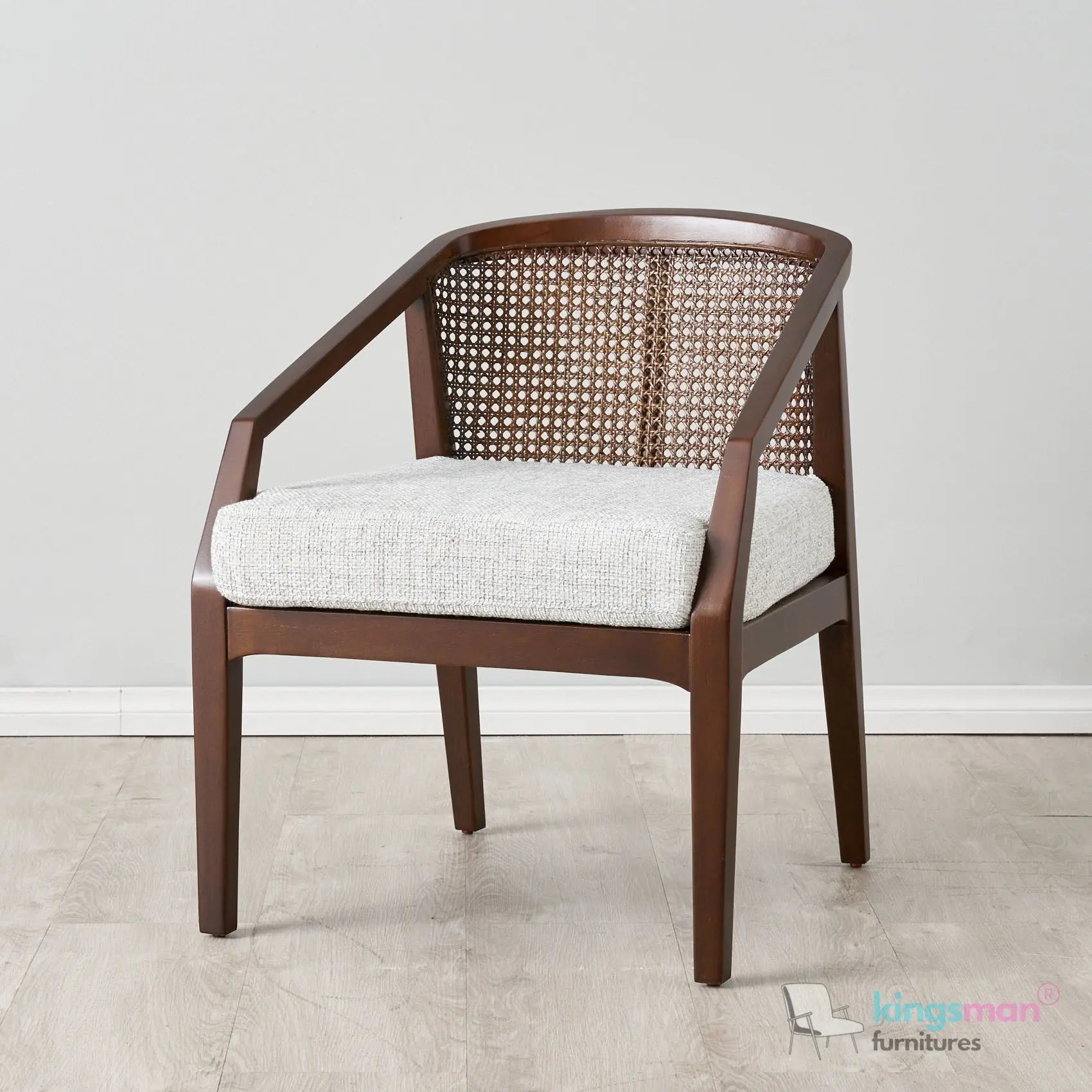 Casani Mid-Century Cane Back Chair – Textured Linen Seat with Natural Rattan and Teak Wood Frame Kingsman Furnitures