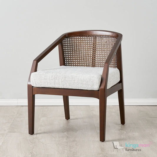 Casani Mid-Century Cane Back Chair – Textured Linen Seat with Natural Rattan and Teak Wood Frame Kingsman Furnitures