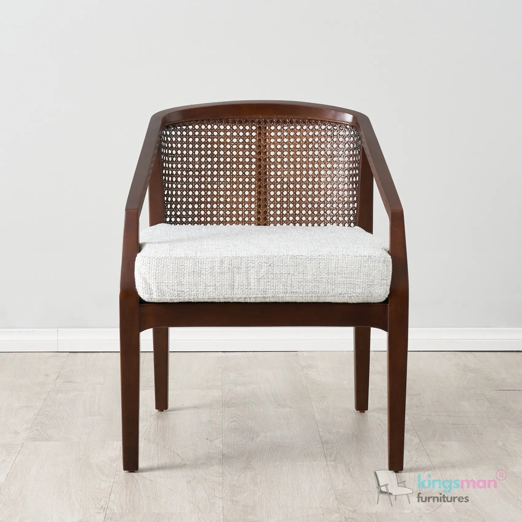 Casani Mid-Century Cane Back Chair – Textured Linen Seat with Natural Rattan and Teak Wood Frame Kingsman Furnitures