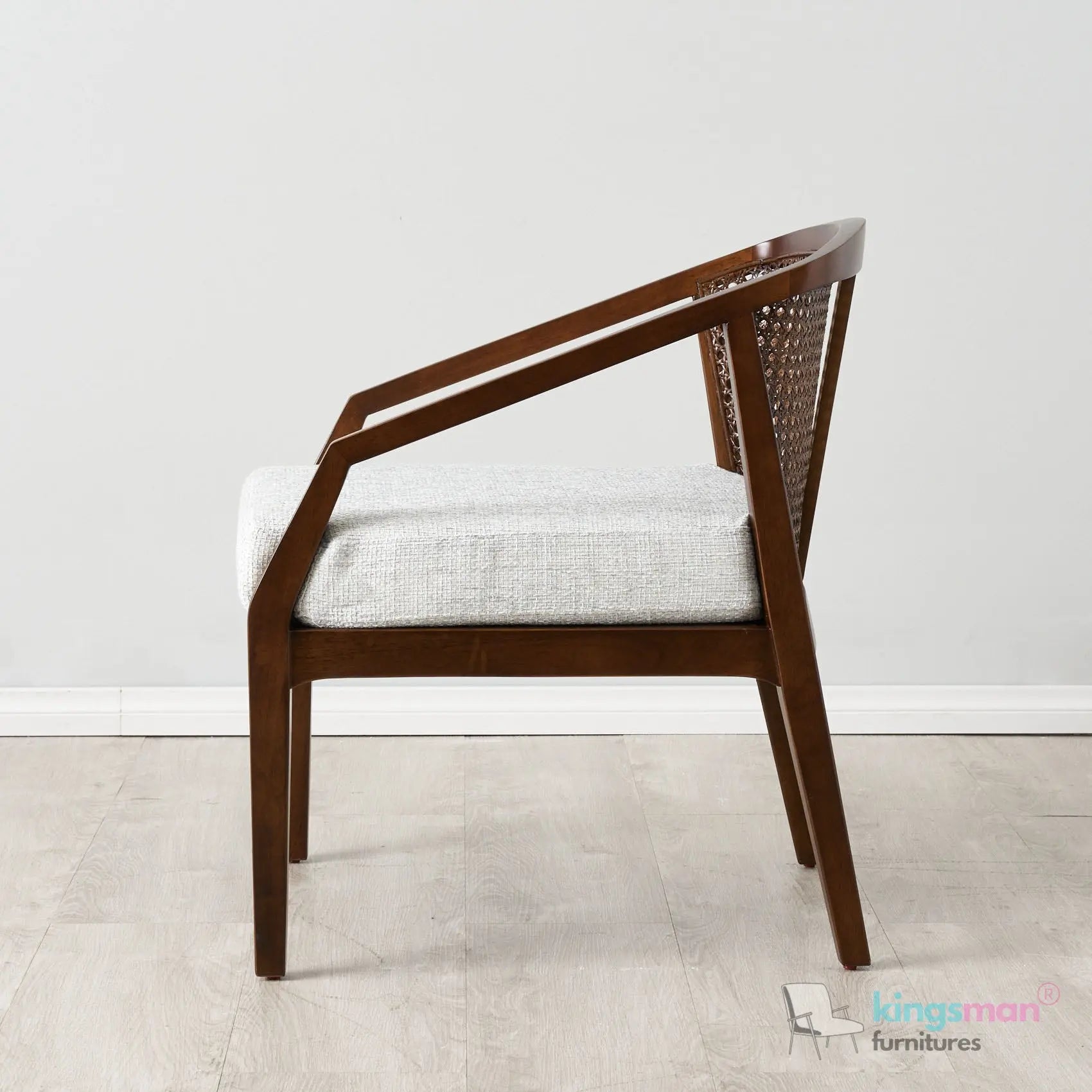 Casani Mid-Century Cane Back Chair – Textured Linen Seat with Natural Rattan and Teak Wood Frame Kingsman Furnitures