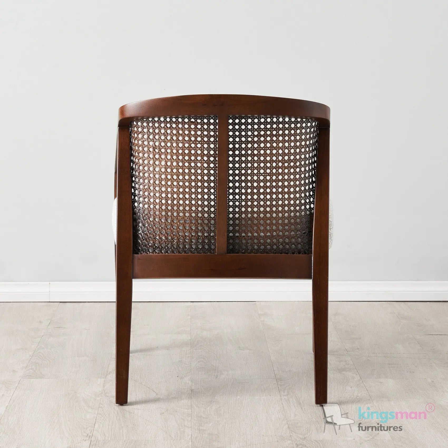 Casani Mid-Century Cane Back Chair – Textured Linen Seat with Natural Rattan and Teak Wood Frame Kingsman Furnitures