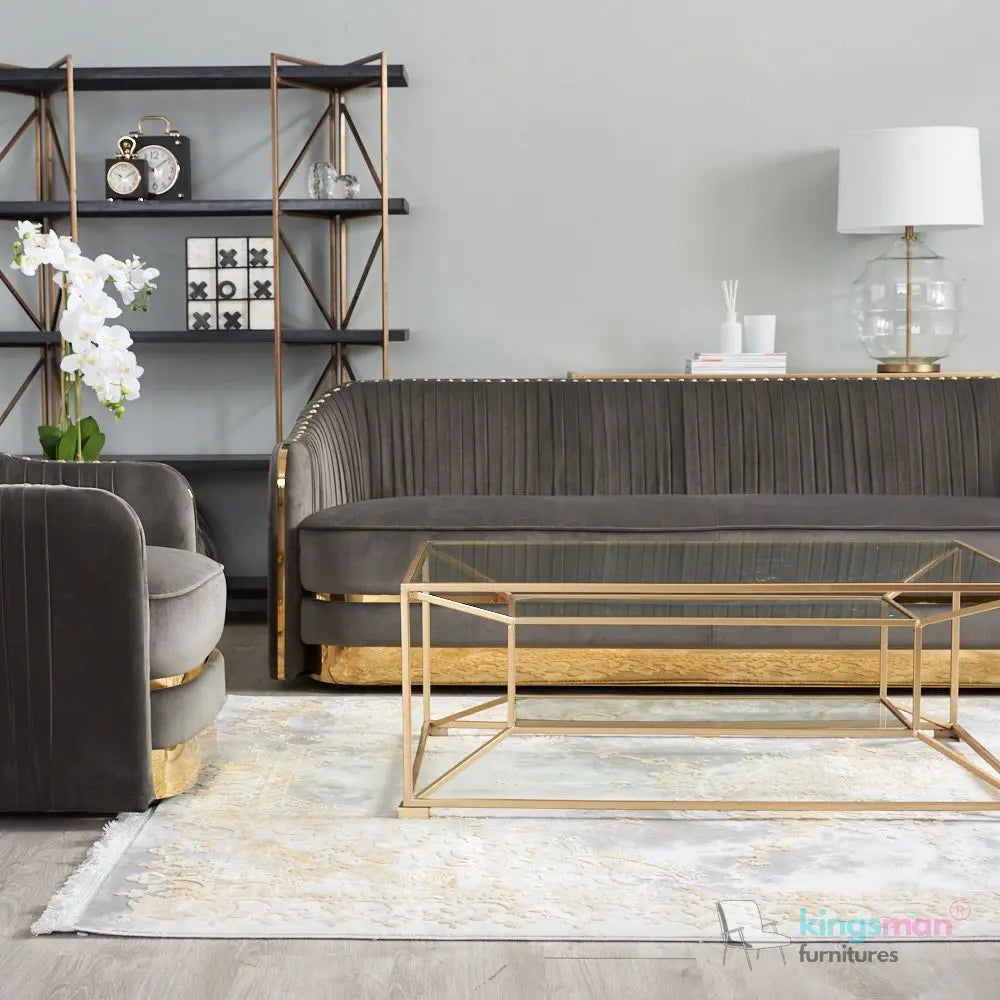 Clare 3 Seater Sofa - Luxurious Grey Velvet Sofa with Gold Accents | Classic Traditional Design Kingsman Furnitures