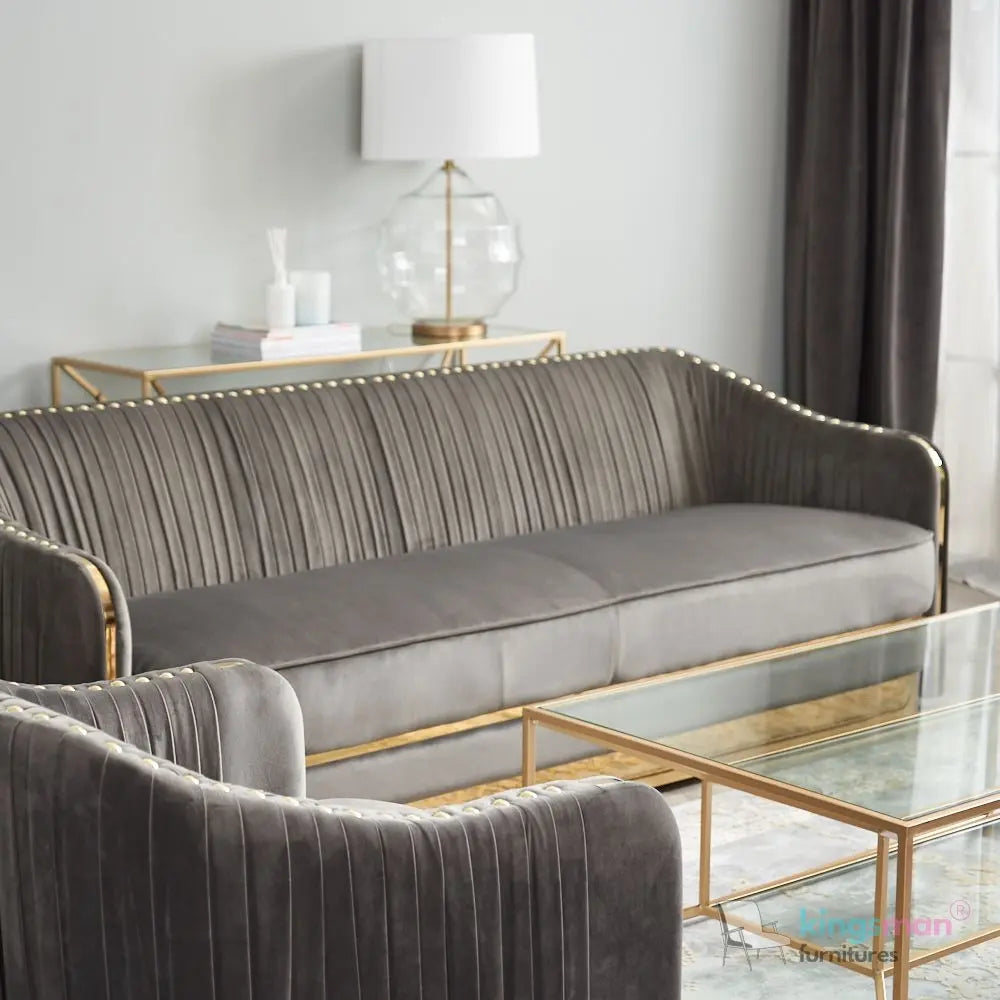 Clare 3 Seater Sofa - Luxurious Grey Velvet Sofa with Gold Accents | Classic Traditional Design Kingsman Furnitures