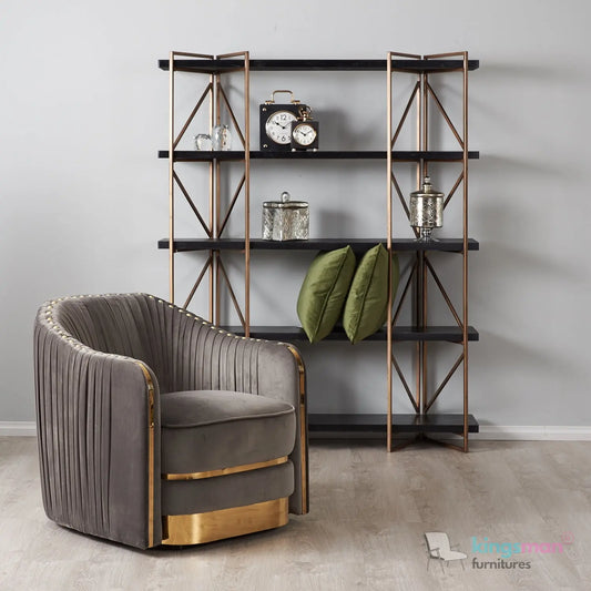 Clare Grey Velvet Lounge Chair – Art Deco Luxury with Gold-Plated SS Legs and High-Density Foam Kingsman Furnitures