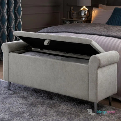 Dev Storage Ottoman - Upholstered Ottoman with Scrolled Arms, Mirrored Feet, and Deep Storage | Bedroom or Living Room Furniture Kingsman Furnitures