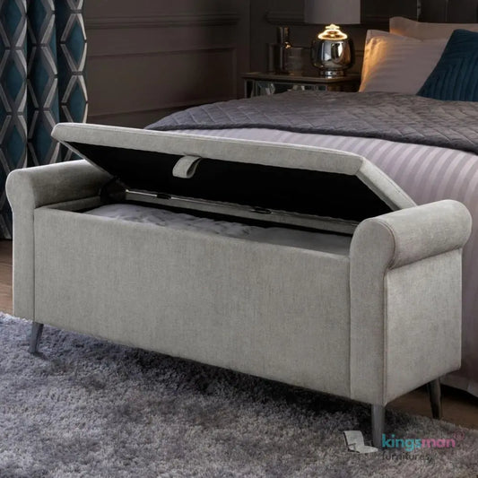 Dev Storage Ottoman - Upholstered Ottoman with Scrolled Arms, Mirrored Feet, and Deep Storage | Bedroom or Living Room Furniture Kingsman Furnitures