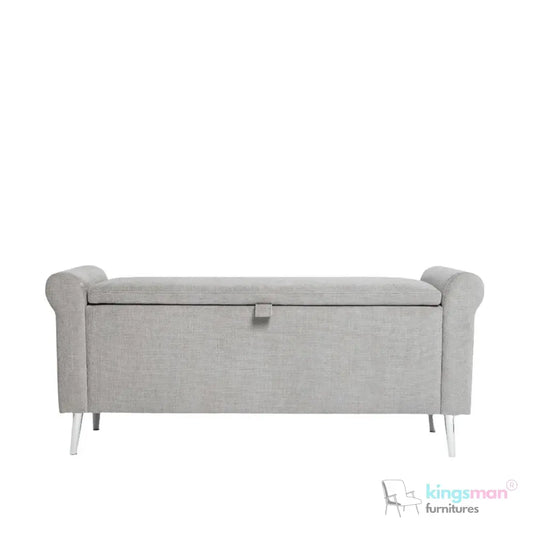 Dev Storage Ottoman - Upholstered Ottoman with Scrolled Arms, Mirrored Feet, and Deep Storage | Bedroom or Living Room Furniture Kingsman Furnitures