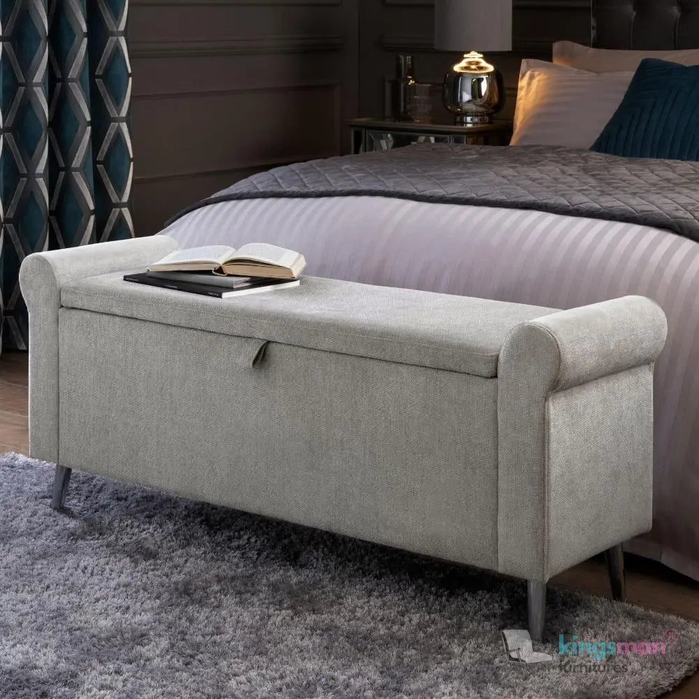 Dev Storage Ottoman - Upholstered Ottoman with Scrolled Arms, Mirrored Feet, and Deep Storage | Bedroom or Living Room Furniture Kingsman Furnitures