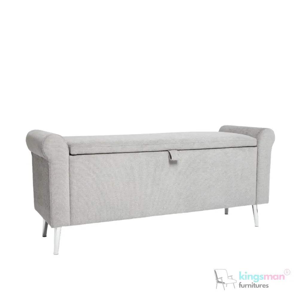 Dev Storage Ottoman - Upholstered Ottoman with Scrolled Arms, Mirrored Feet, and Deep Storage | Bedroom or Living Room Furniture Kingsman Furnitures