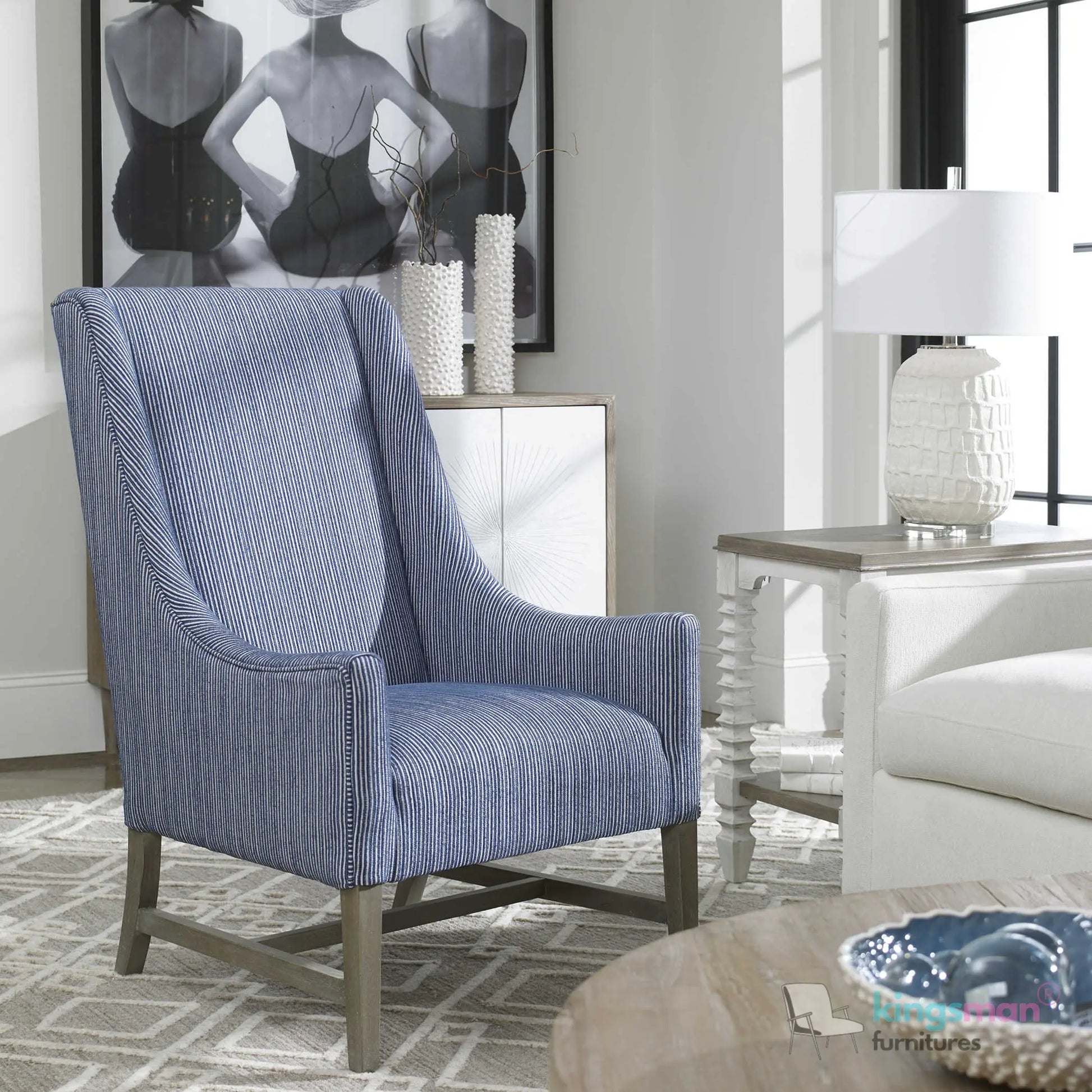 Galiot Classic Wingback Accent Chair - Blue & White Striped Fabric with Solid Wood Legs Kingsman Furnitures