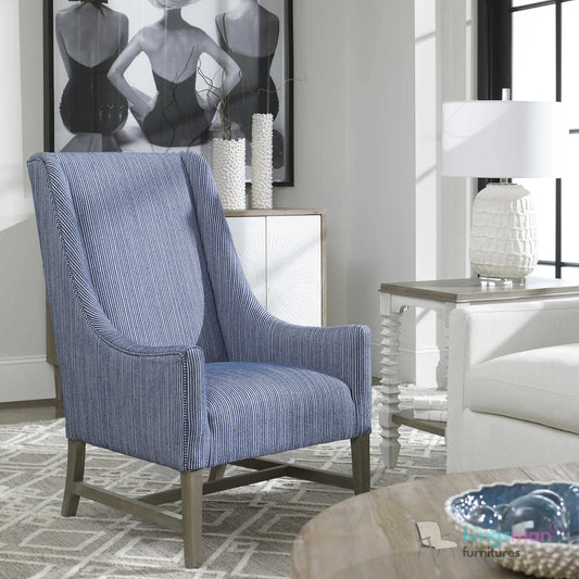 Galiot Classic Wingback Accent Chair - Blue & White Striped Fabric with Solid Wood Legs Kingsman Furnitures