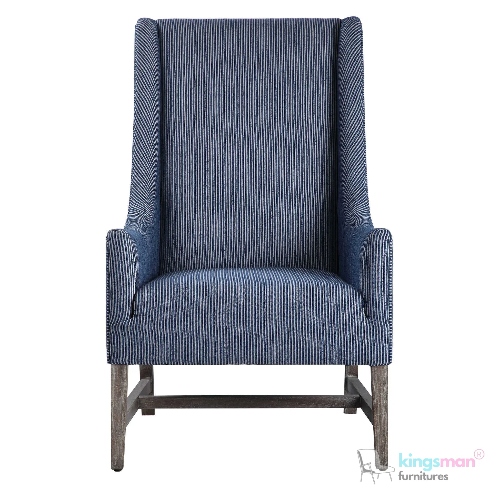 Galiot Classic Wingback Accent Chair - Blue & White Striped Fabric with Solid Wood Legs Kingsman Furnitures