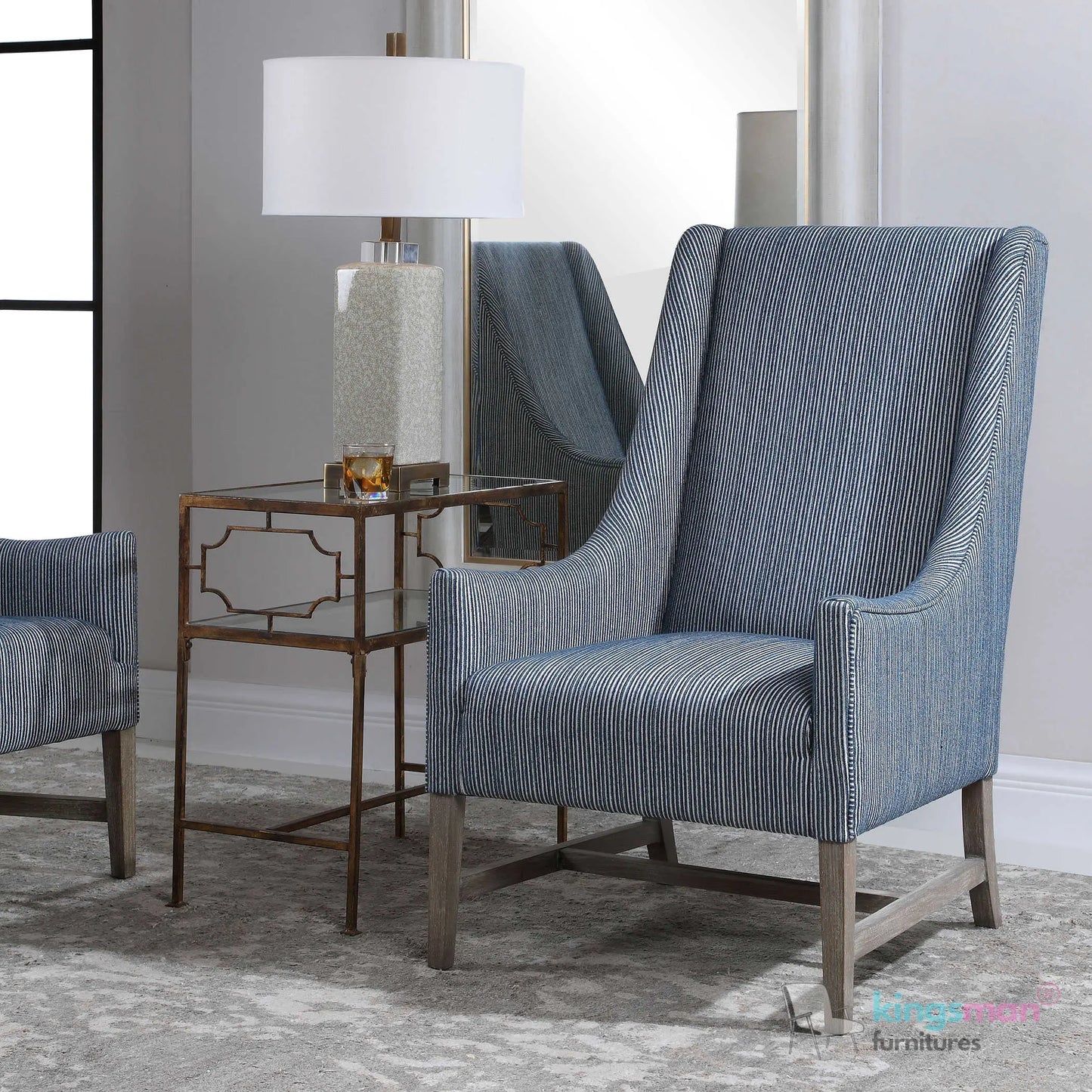 Galiot Classic Wingback Accent Chair - Blue & White Striped Fabric with Solid Wood Legs Kingsman Furnitures