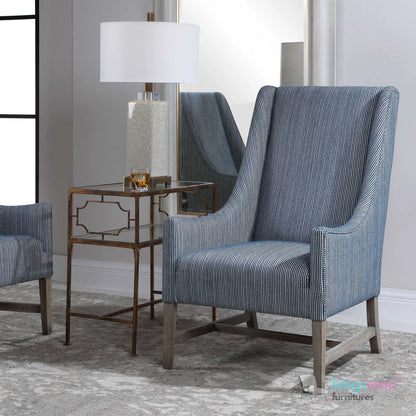 Galiot Classic Wingback Accent Chair - Blue & White Striped Fabric with Solid Wood Legs Kingsman Furnitures
