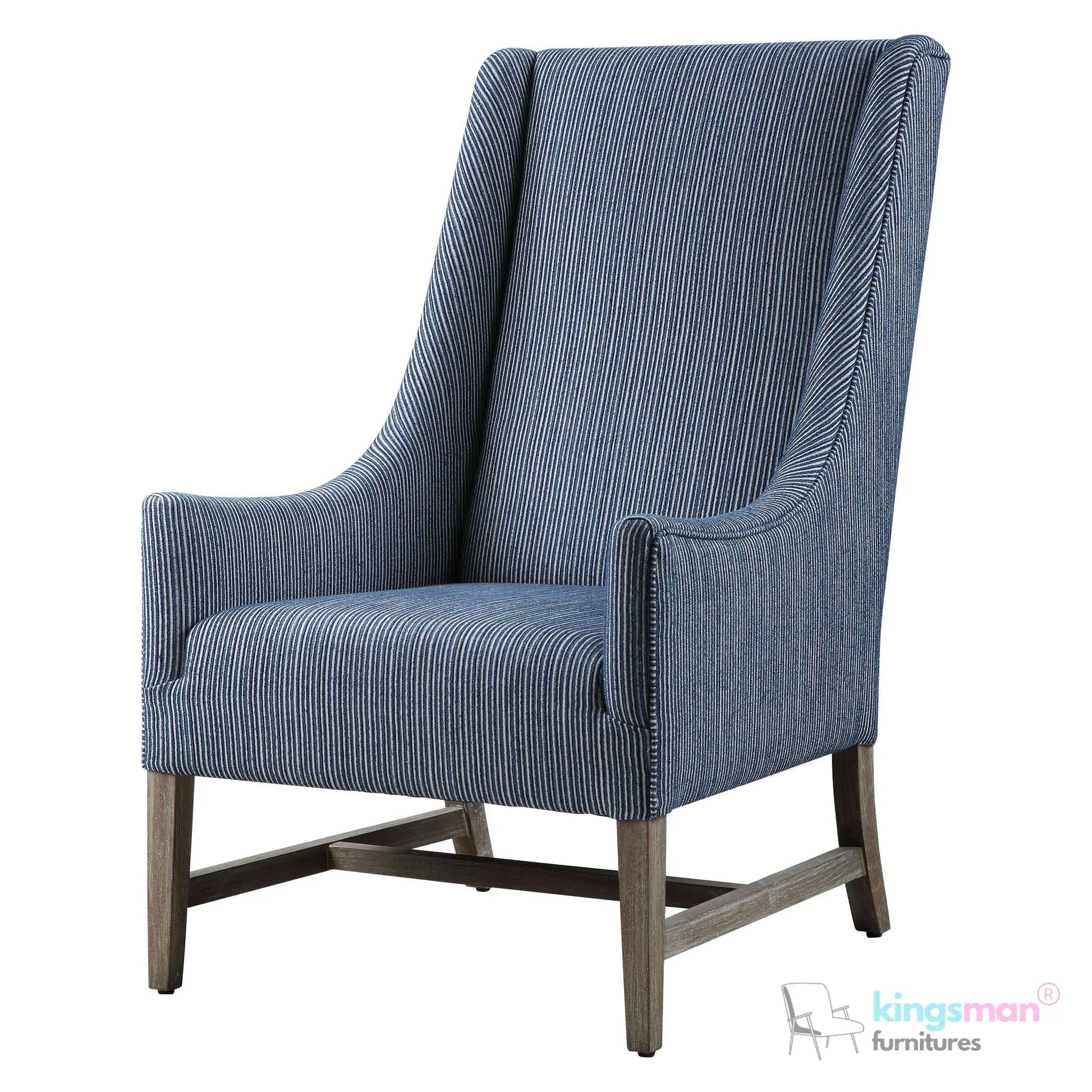 Galiot Classic Wingback Accent Chair - Blue & White Striped Fabric with Solid Wood Legs Kingsman Furnitures