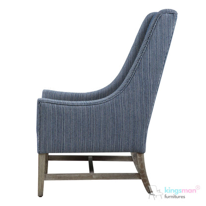 Galiot Classic Wingback Accent Chair - Blue & White Striped Fabric with Solid Wood Legs Kingsman Furnitures
