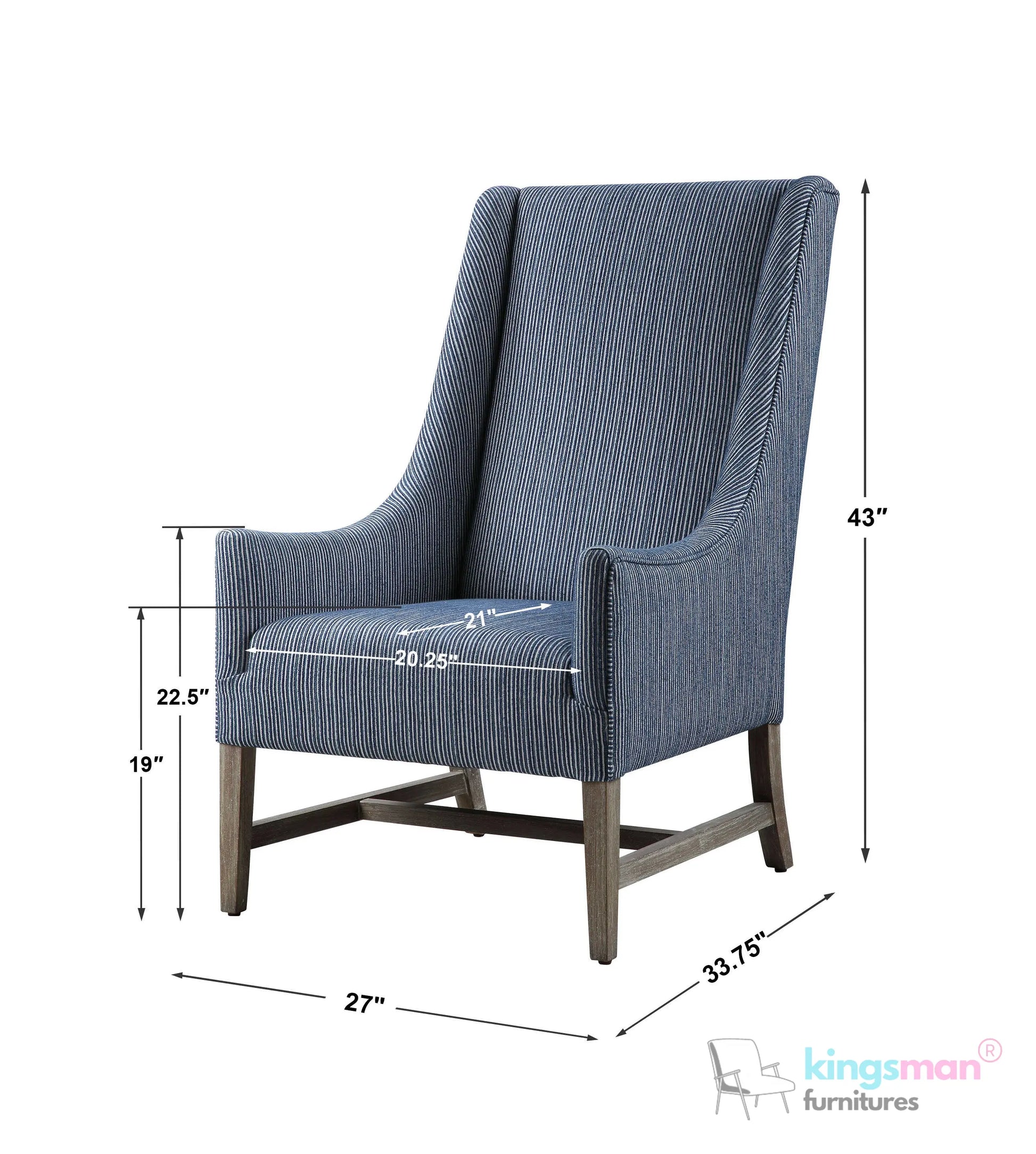 Galiot Classic Wingback Accent Chair - Blue & White Striped Fabric with Solid Wood Legs Kingsman Furnitures