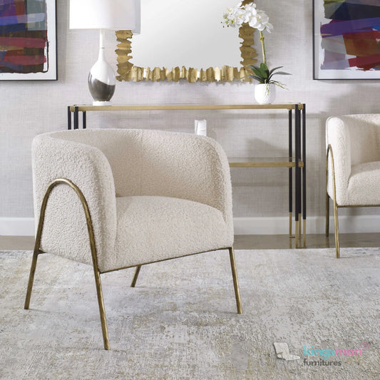 Jacob Scandinavian Barrel Back Chair - Faux Shearling with Aged Gold Chiselled Iron Frame Kingsman Furnitures