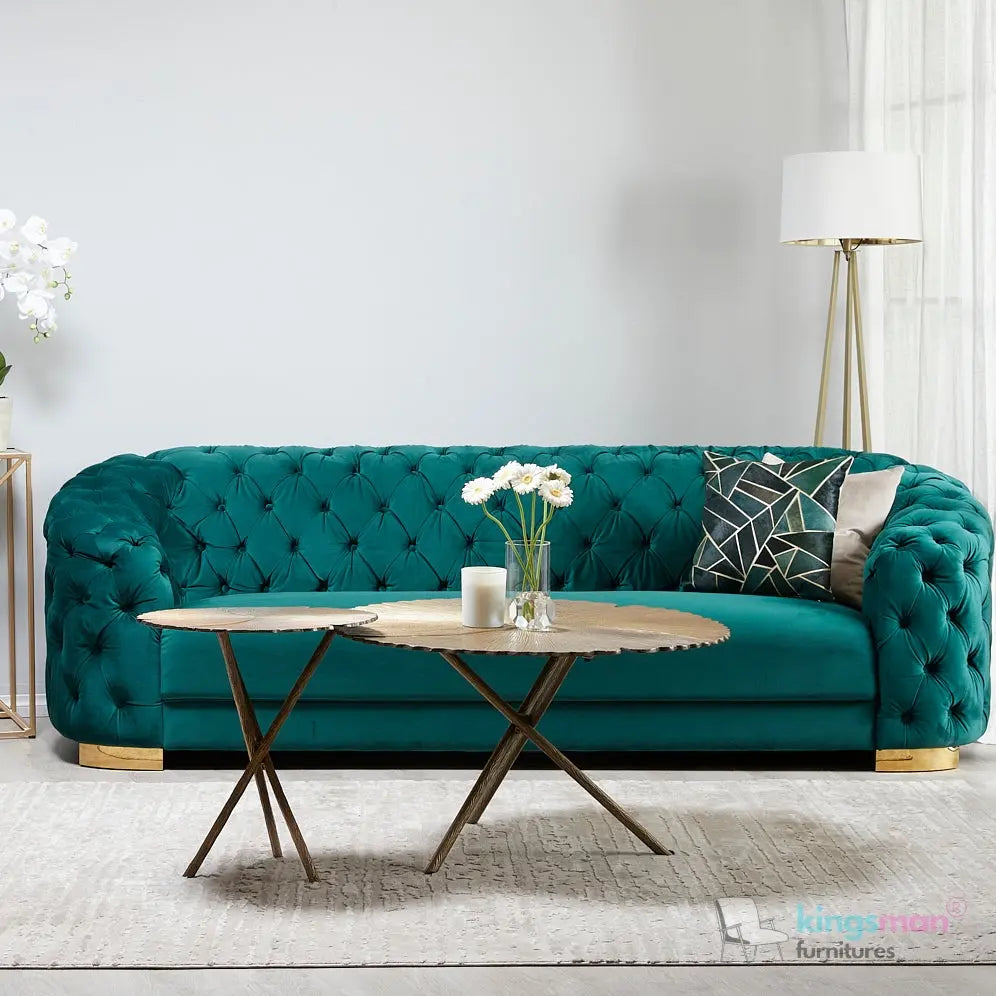 Kate Emerald Green Velvet Chesterfield Sofa – Luxurious Hand-Tufted Design with Brass Golden Legs Kingsman Furnitures