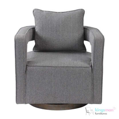 Nixon Swivel Chair - Grey Textured Fabric with Weathered Hardwood Base Kingsman Furnitures