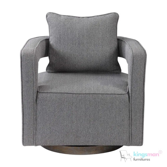 Nixon Swivel Chair - Grey Textured Fabric with Weathered Hardwood Base Kingsman Furnitures