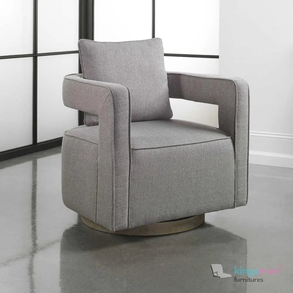 Nixon Swivel Chair - Grey Textured Fabric with Weathered Hardwood Base Kingsman Furnitures