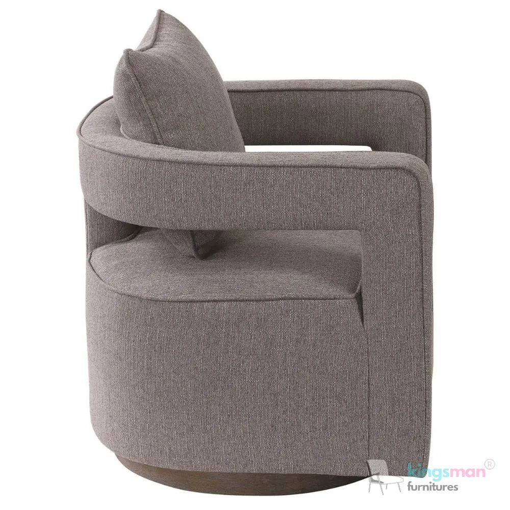 Nixon Swivel Chair - Grey Textured Fabric with Weathered Hardwood Base Kingsman Furnitures