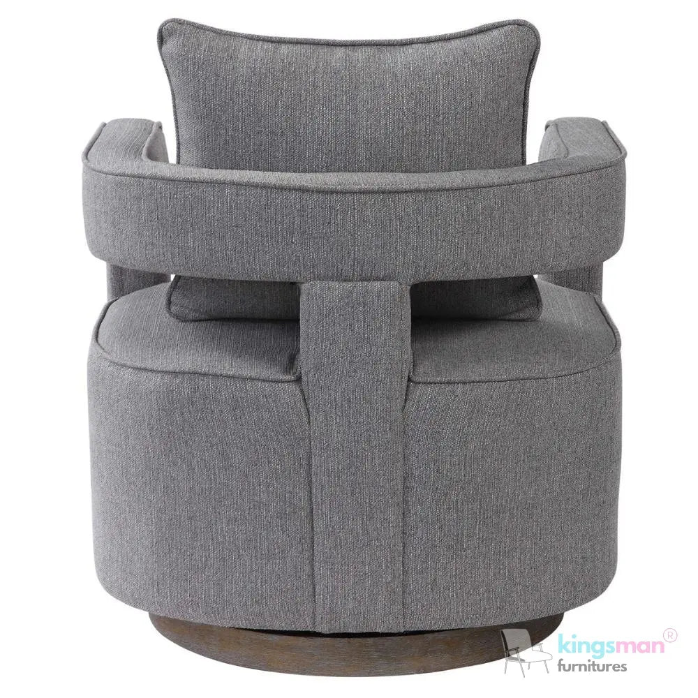 Nixon Swivel Chair - Grey Textured Fabric with Weathered Hardwood Base Kingsman Furnitures