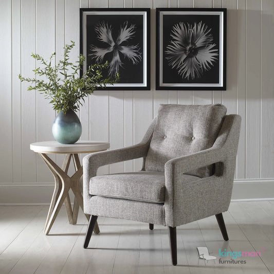 O'Brien Scandinavian Armchair - Stone Linen Blend with Dark Walnut Wood Legs Kingsman Furnitures
