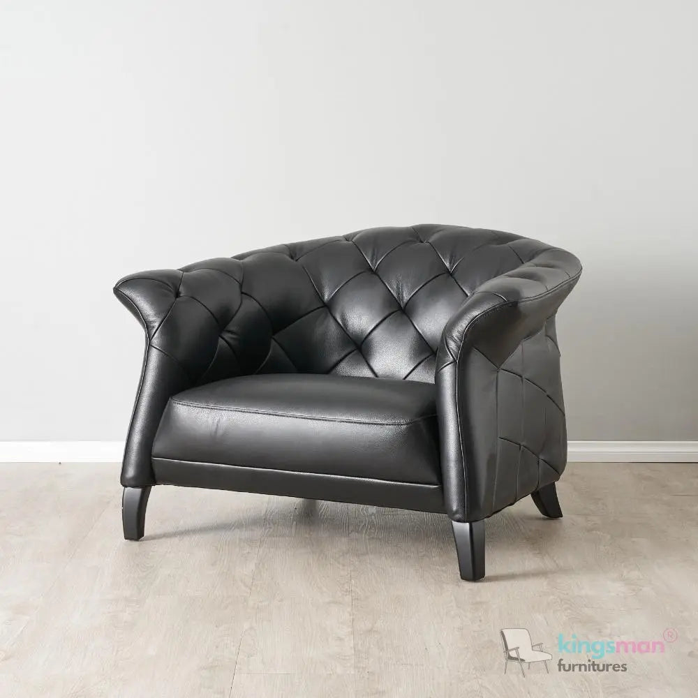 Regal Black PU Leather Single Seater – Contemporary Chesterfield Design with Teak Wood Legs Kingsman Furnitures
