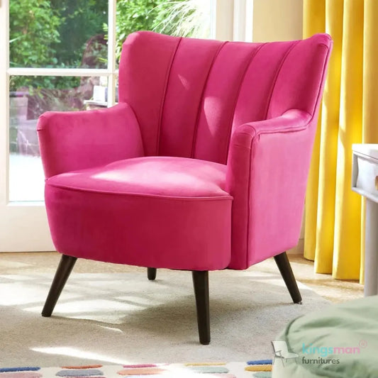 Rosie Accent Chair - Fluted Back Design in Pink Velvet with Teak Wood Legs Kingsman Furnitures