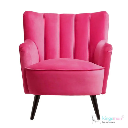 Rosie Accent Chair - Fluted Back Design in Pink Velvet with Teak Wood Legs Kingsman Furnitures