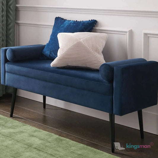 Rosie Upholstered Bench - Contemporary Bench with Cylindrical Cushions and Black Feet | Bedroom or Living Room Seating Kingsman Furnitures