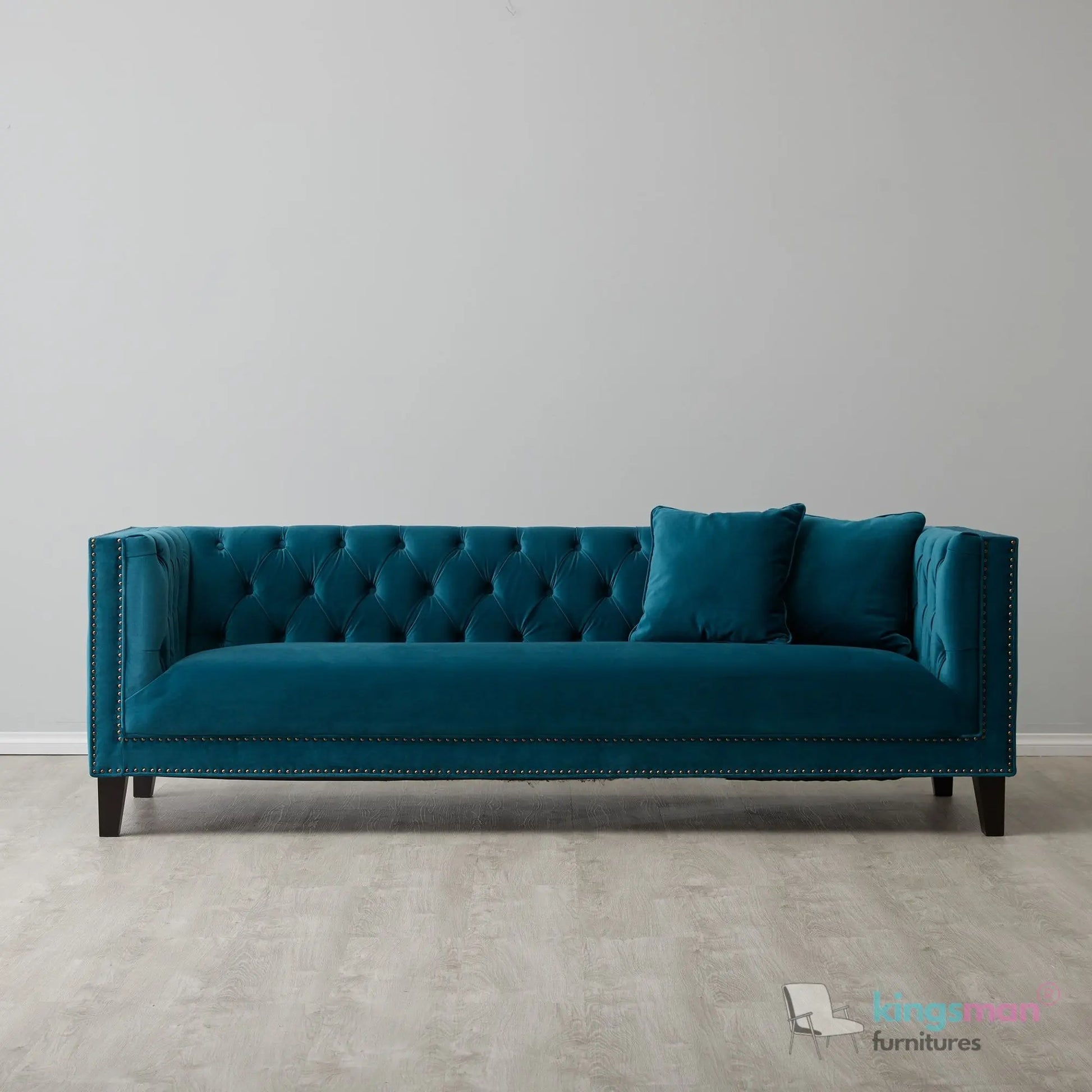 Vogue 3-Seater Sofa - Peacock Blue Velvet with Diamond Tufted Backrest Kingsman Furnitures