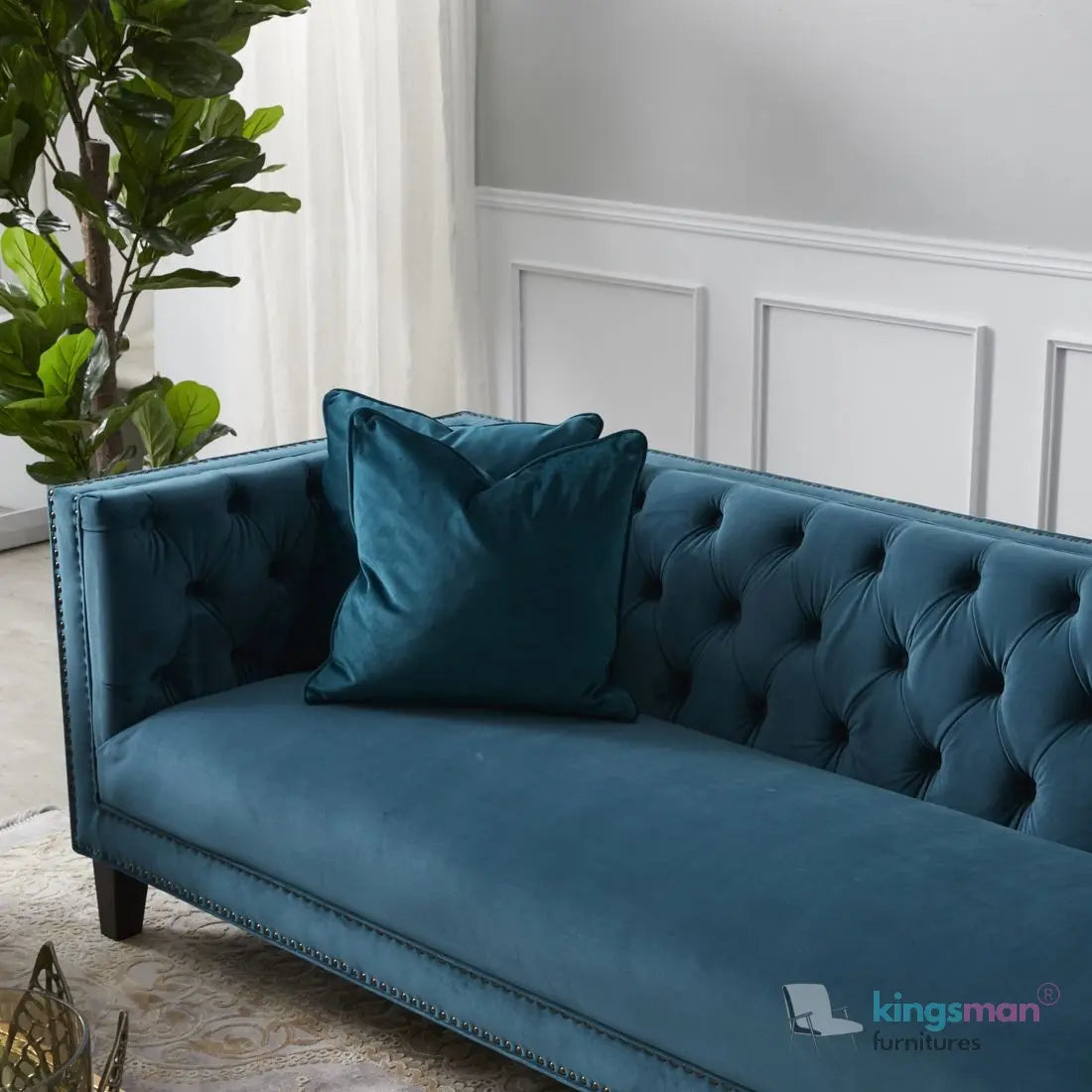Vogue 3-Seater Sofa - Peacock Blue Velvet with Diamond Tufted Backrest Kingsman Furnitures