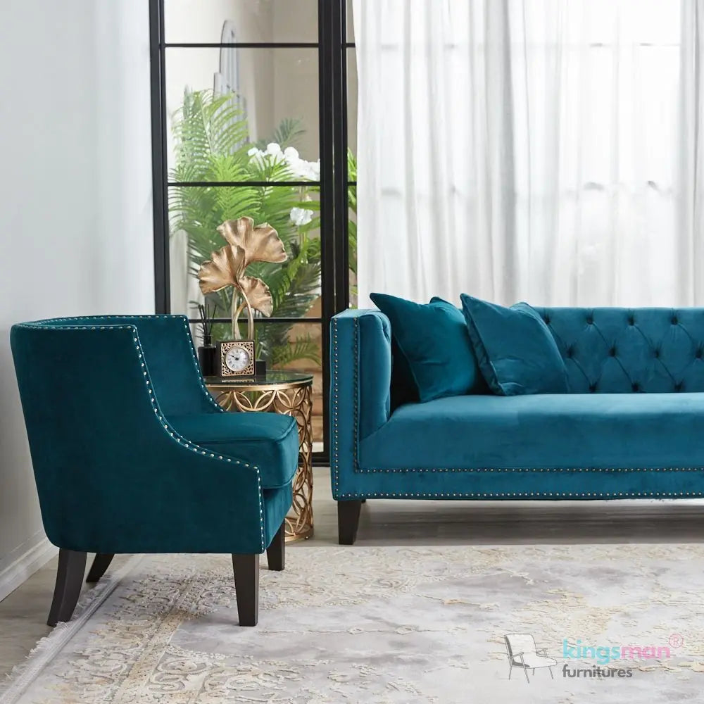Vogue 3-Seater Sofa - Peacock Blue Velvet with Diamond Tufted Backrest Kingsman Furnitures