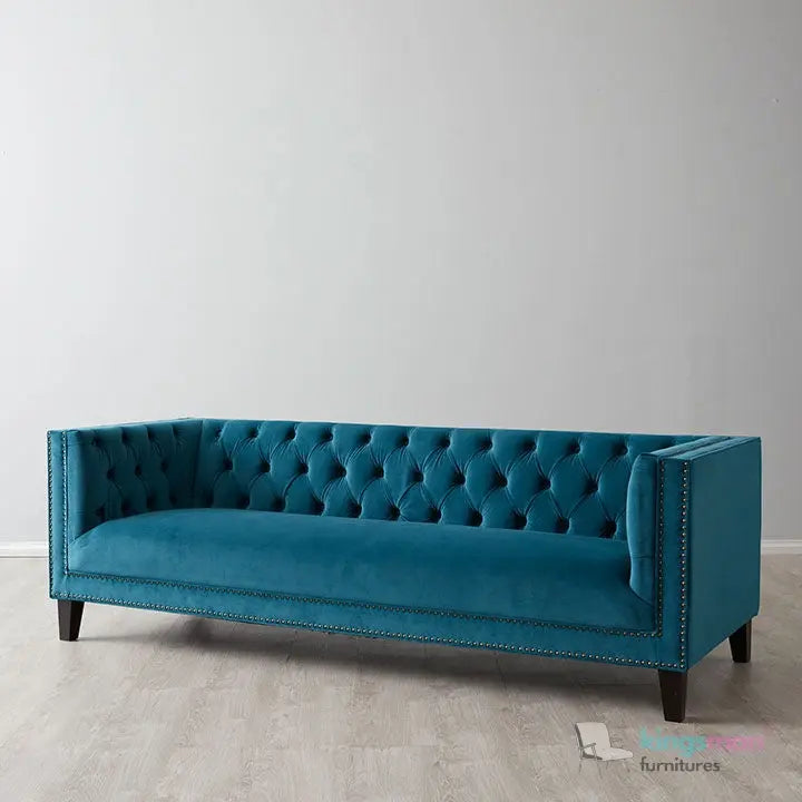 Vogue 3-Seater Sofa - Peacock Blue Velvet with Diamond Tufted Backrest Kingsman Furnitures
