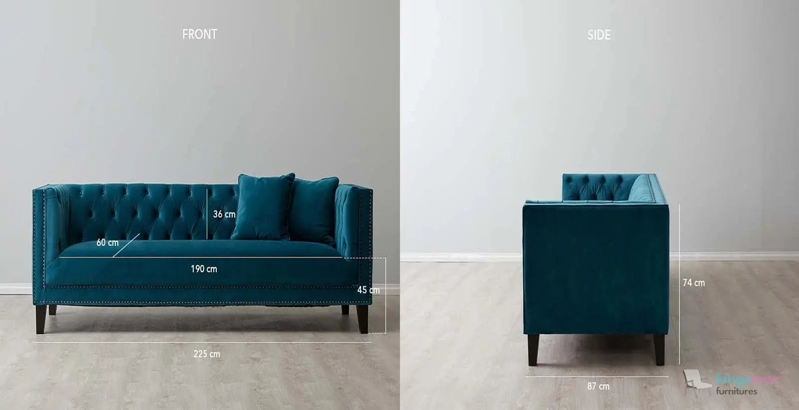 Vogue 3-Seater Sofa - Peacock Blue Velvet with Diamond Tufted Backrest Kingsman Furnitures