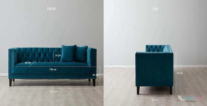 Vogue 3-Seater Sofa - Peacock Blue Velvet with Diamond Tufted Backrest Kingsman Furnitures