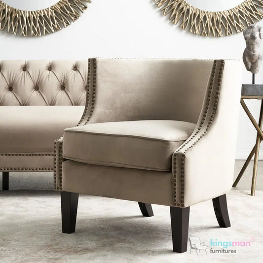 Vogue Beige Velvet Tub Chair - Classic Design with Teak Wood Legs Kingsman Furnitures