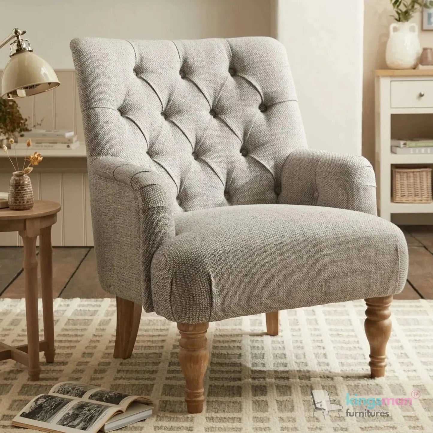 Walter Upholstered Chair - Buttoned Back Modern Country Armchair with Turned Teak Wood Legs Kingsman Furnitures