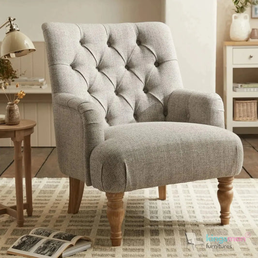 Walter Upholstered Chair - Buttoned Back Modern Country Armchair with Turned Teak Wood Legs Kingsman Furnitures