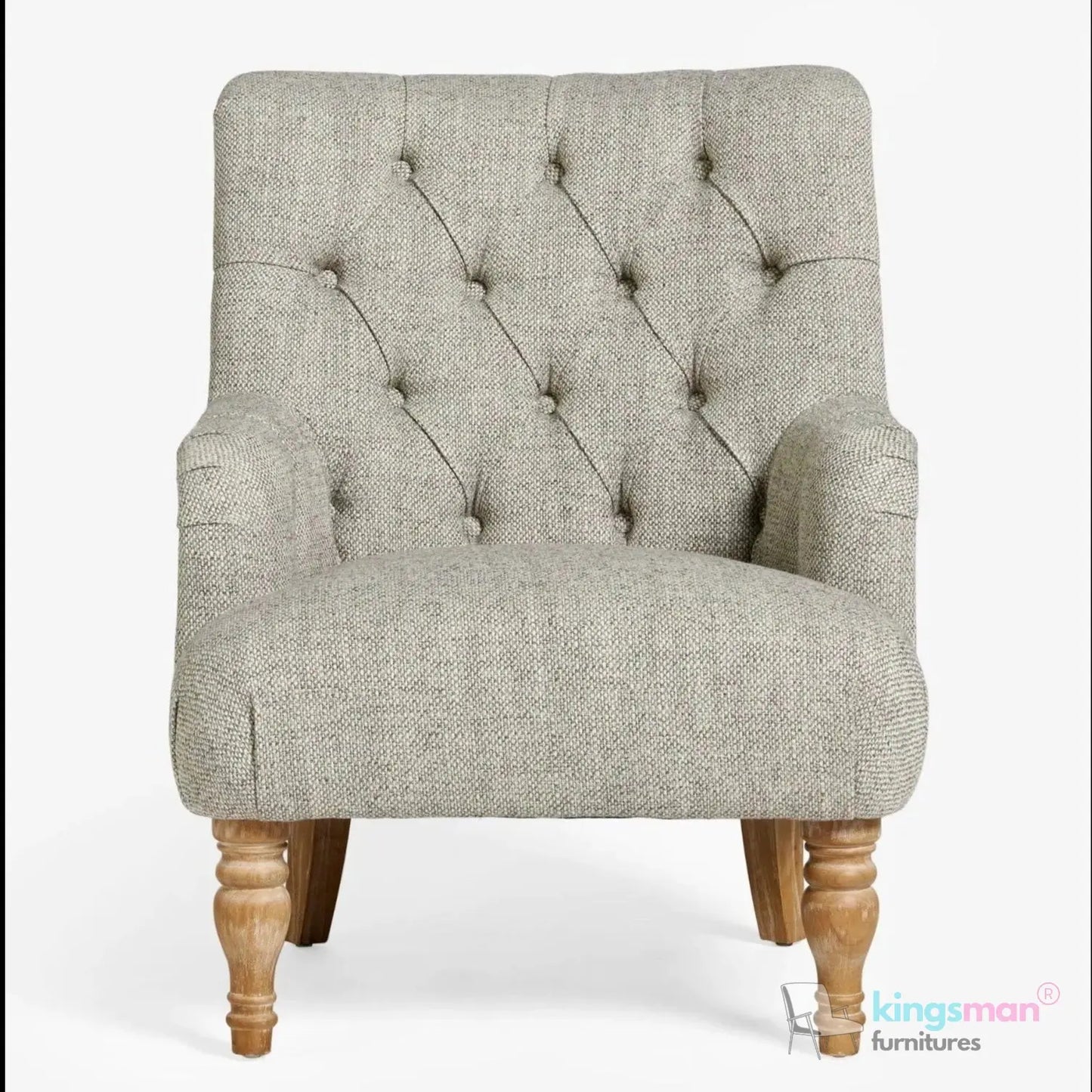 Walter Upholstered Chair - Buttoned Back Modern Country Armchair with Turned Teak Wood Legs Kingsman Furnitures