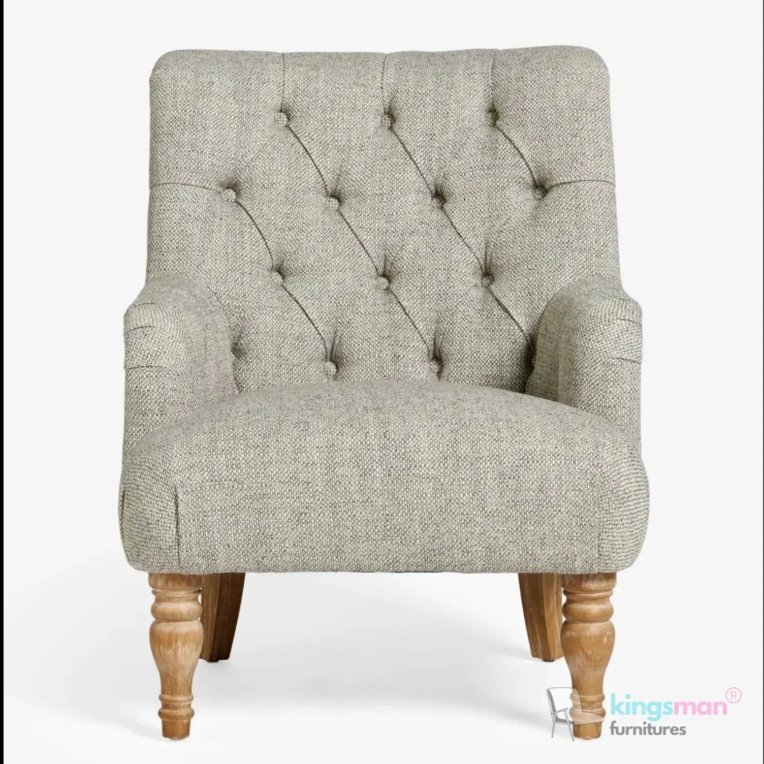 Walter Upholstered Chair - Buttoned Back Modern Country Armchair with Turned Teak Wood Legs Kingsman Furnitures