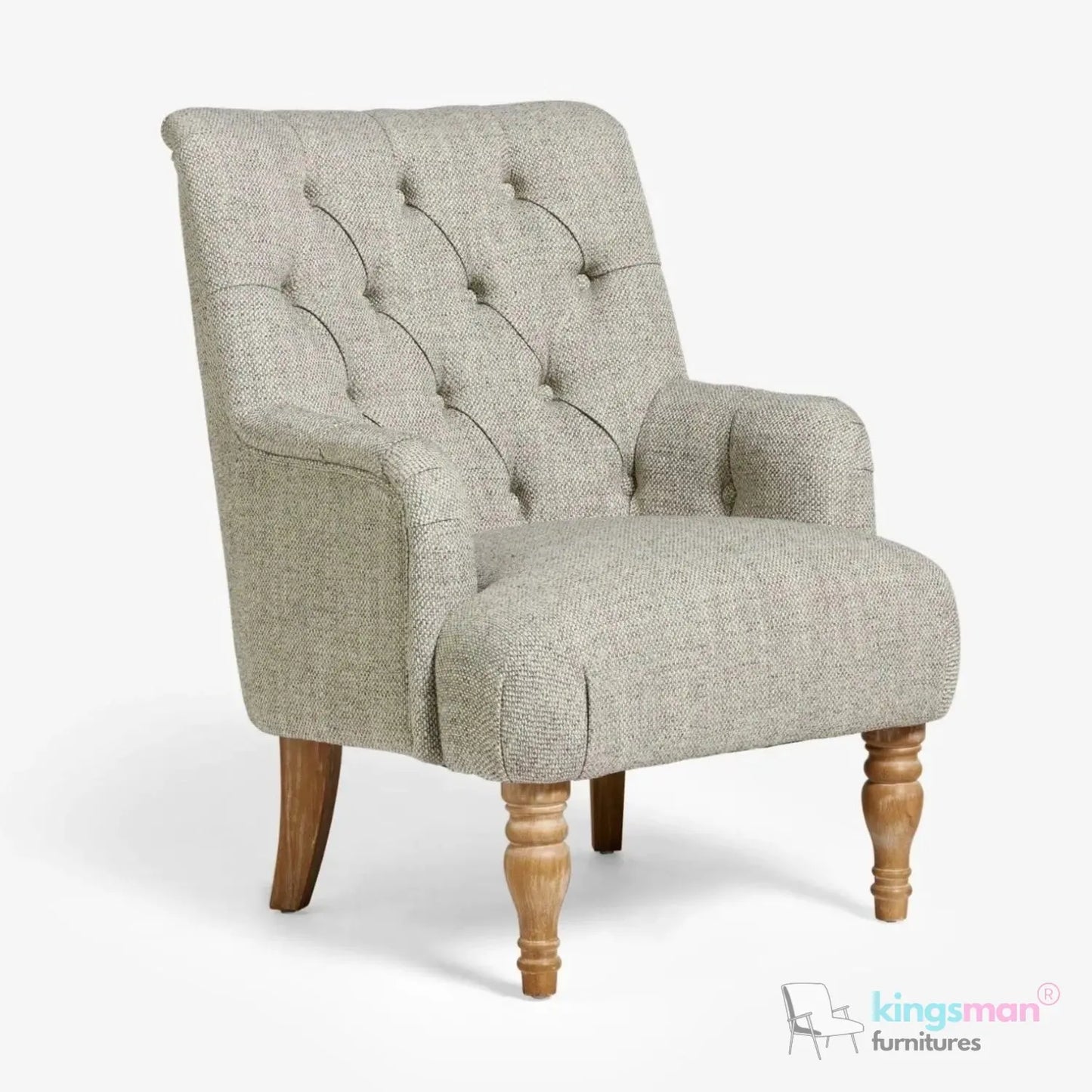 Walter Upholstered Chair - Buttoned Back Modern Country Armchair with Turned Teak Wood Legs Kingsman Furnitures