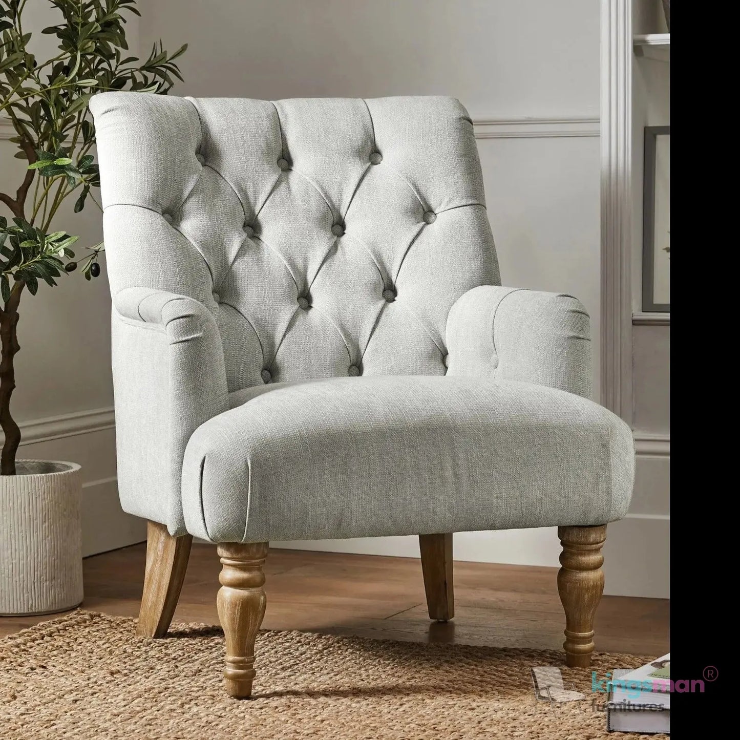 Walter Upholstered Chair - Buttoned Back Modern Country Armchair with Turned Teak Wood Legs Kingsman Furnitures