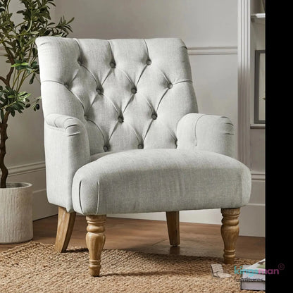 Walter Upholstered Chair - Buttoned Back Modern Country Armchair with Turned Teak Wood Legs Kingsman Furnitures