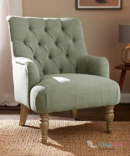Walter Upholstered Chair - Buttoned Back Modern Country Armchair with Turned Teak Wood Legs Kingsman Furnitures