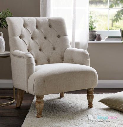 Walter Upholstered Chair - Buttoned Back Modern Country Armchair with Turned Teak Wood Legs Kingsman Furnitures